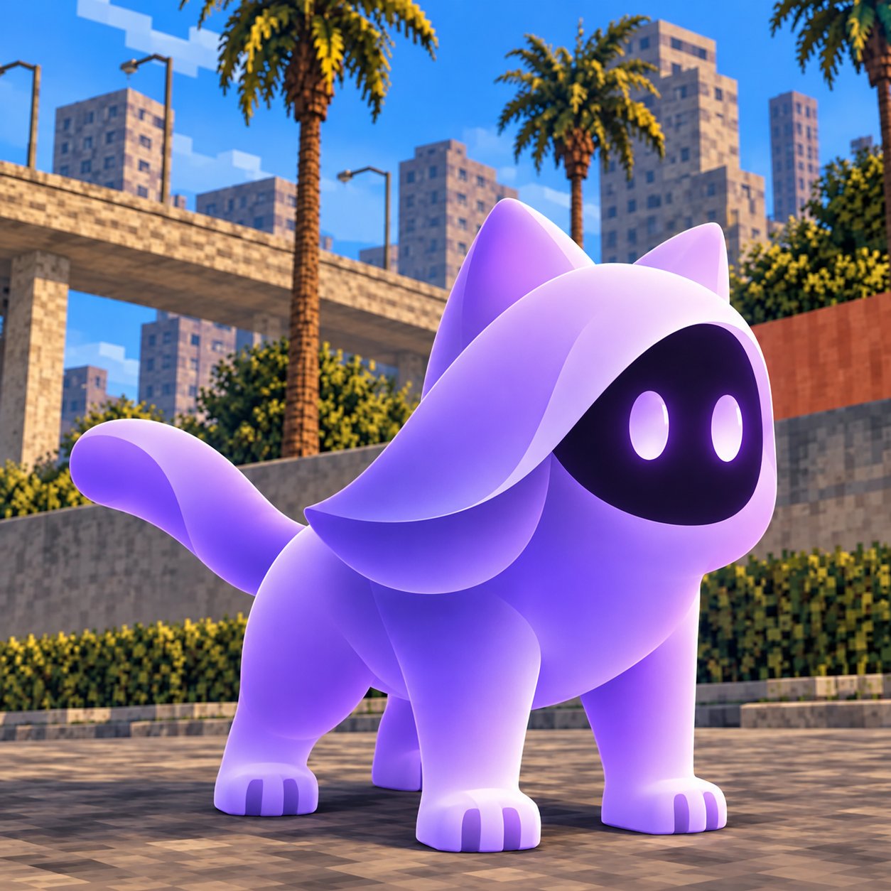 VEILDOPE — translucent hooded purple cat in a voxel city
